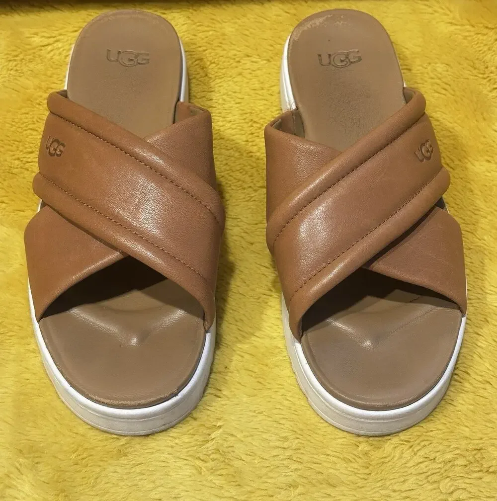 UGG Goldenstar Chestnut Leather Platform Slingback Sandals Women's Sz 8 Beach